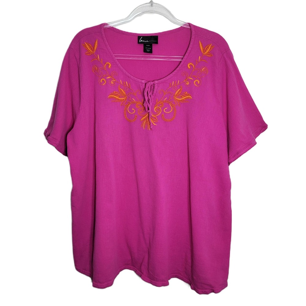Lane Bryant Pink Embroidered Cotton Peasant Blouse Top Plus Size 22/24 Short Slv